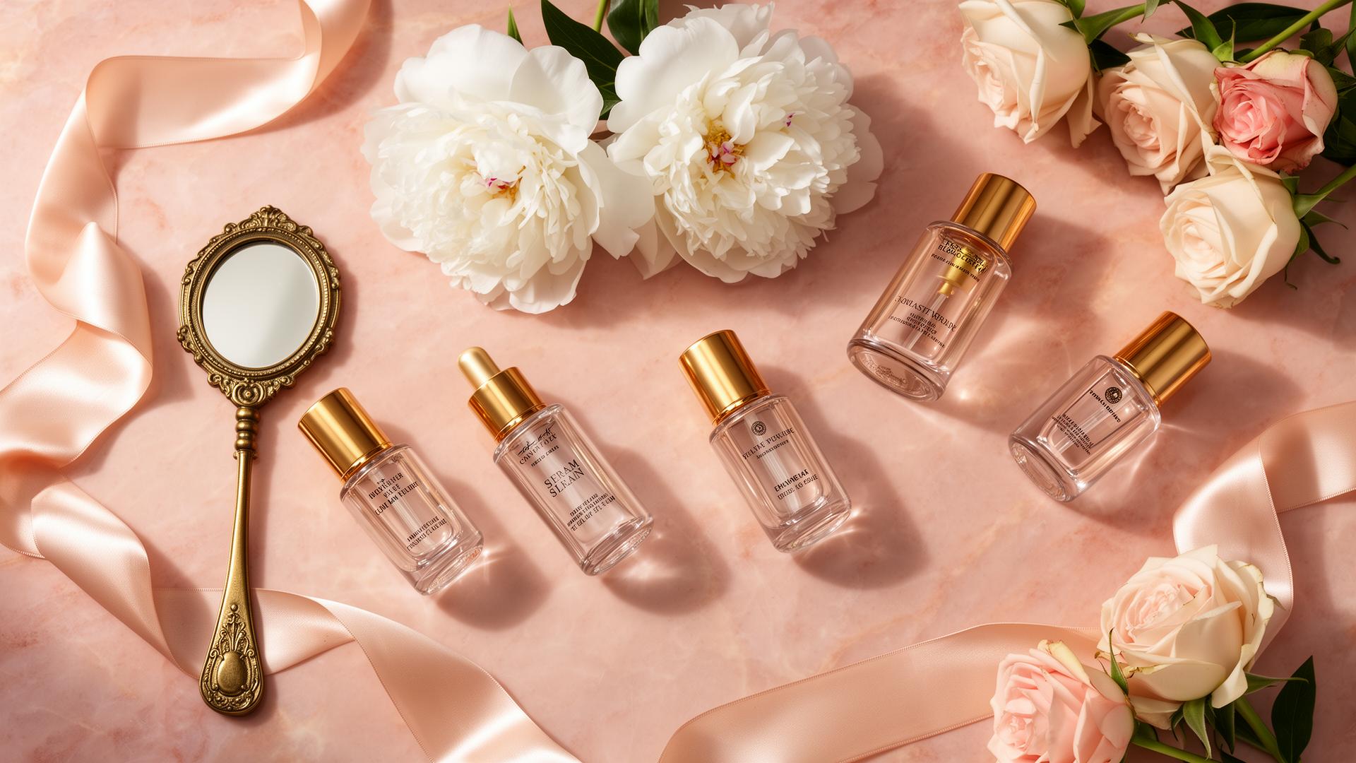 Luxury skincare flat lay with peonies, roses and gold accents