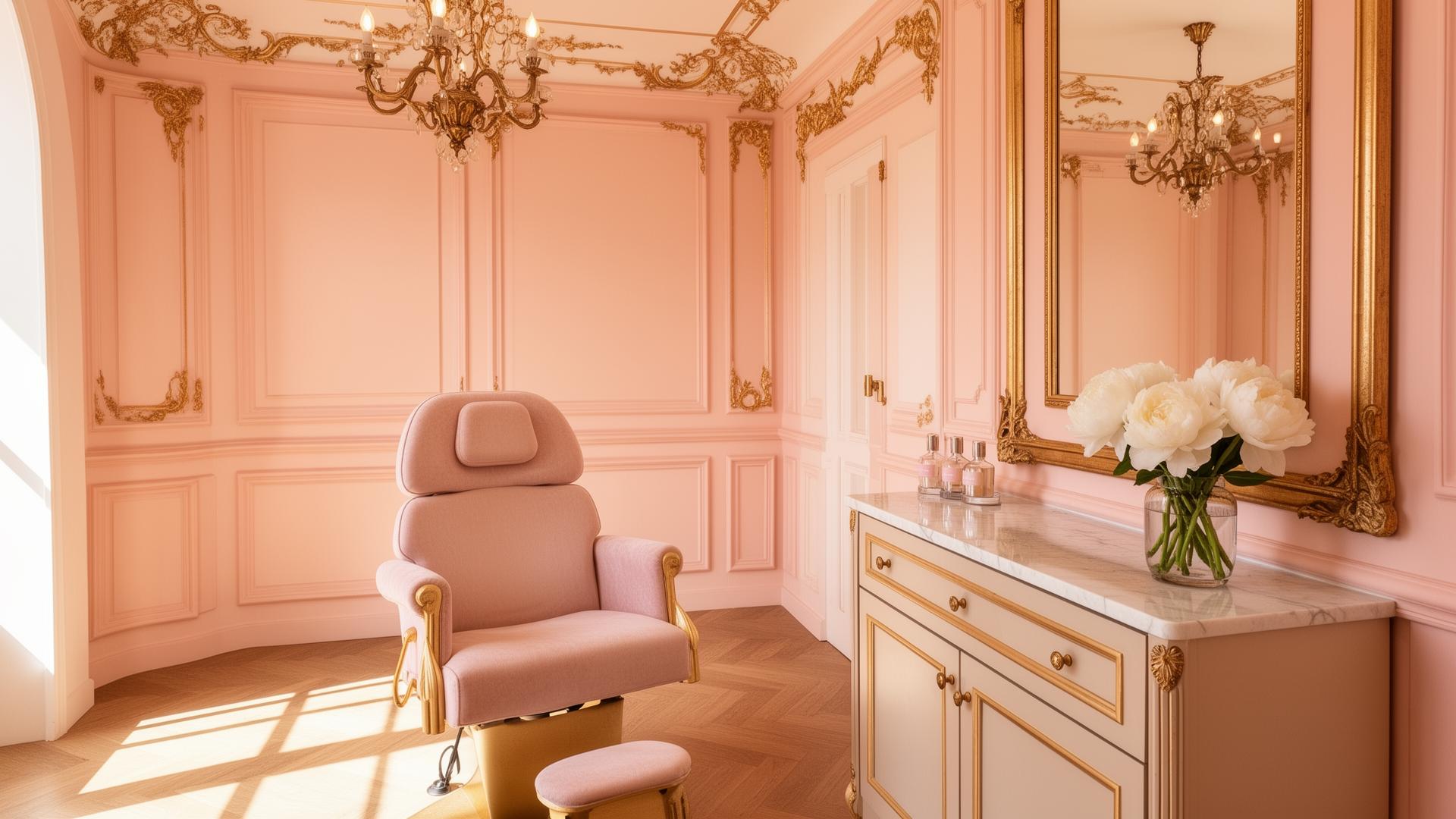 Inside the Neda Beauty studio with blush walls and antique gold accents